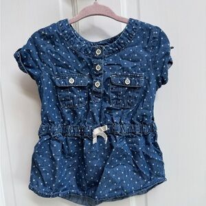 Cat & Jack 2T Girls Blue & White Polka Dot Button Down Short Sleeve Shirt Blouse